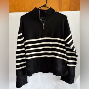 DKNY Black & White Striped Half-Zip Turtleneck Sweater